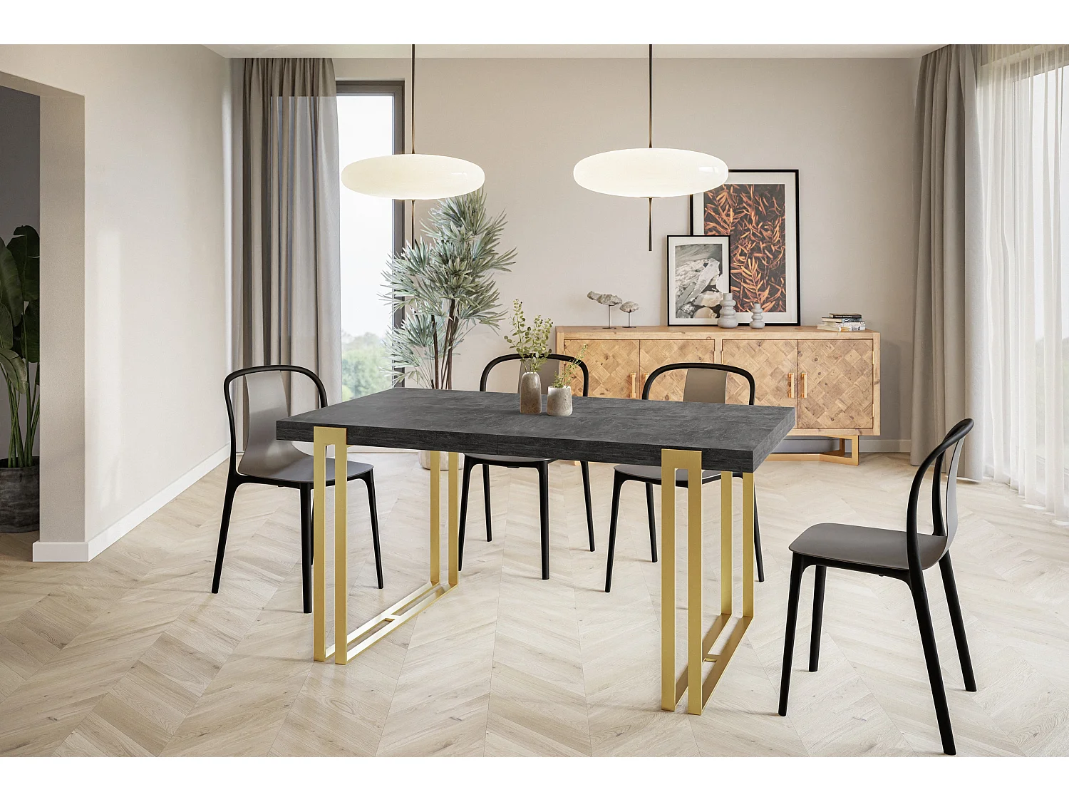 Table de salle à manger rectangulaire ROSA, table à rallonges, dimensions: 140-240X80X77 cm,couleur: gris foncé, avec pieds métalliques couleur or