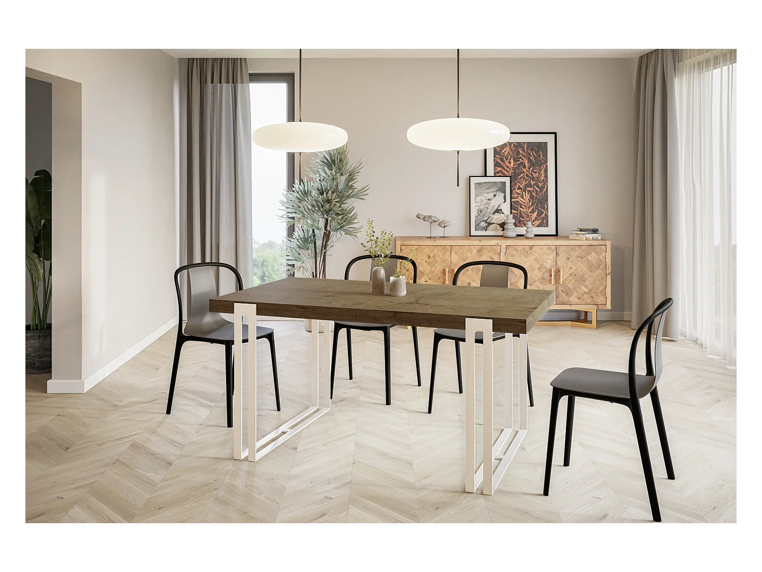 Table de salle à manger rectangulaire ROSA, table à rallonges, dimensions: 140-240X80X77 cm,couleur: LEFKAS, avec pieds métalliques de couleur blanche