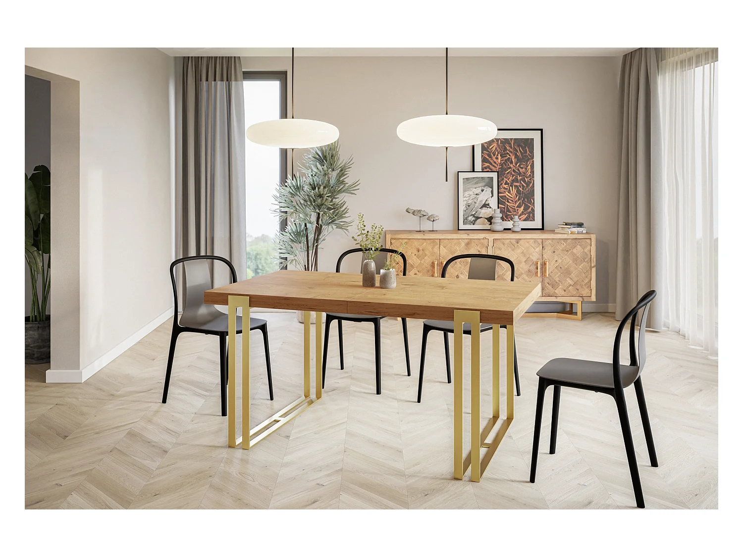 Table de salle à manger rectangulaire ROSA, table à rallonges, dimensions: 140-240X80X77 cm, couleur: LANCELOT, avec pieds métalliques couleur or