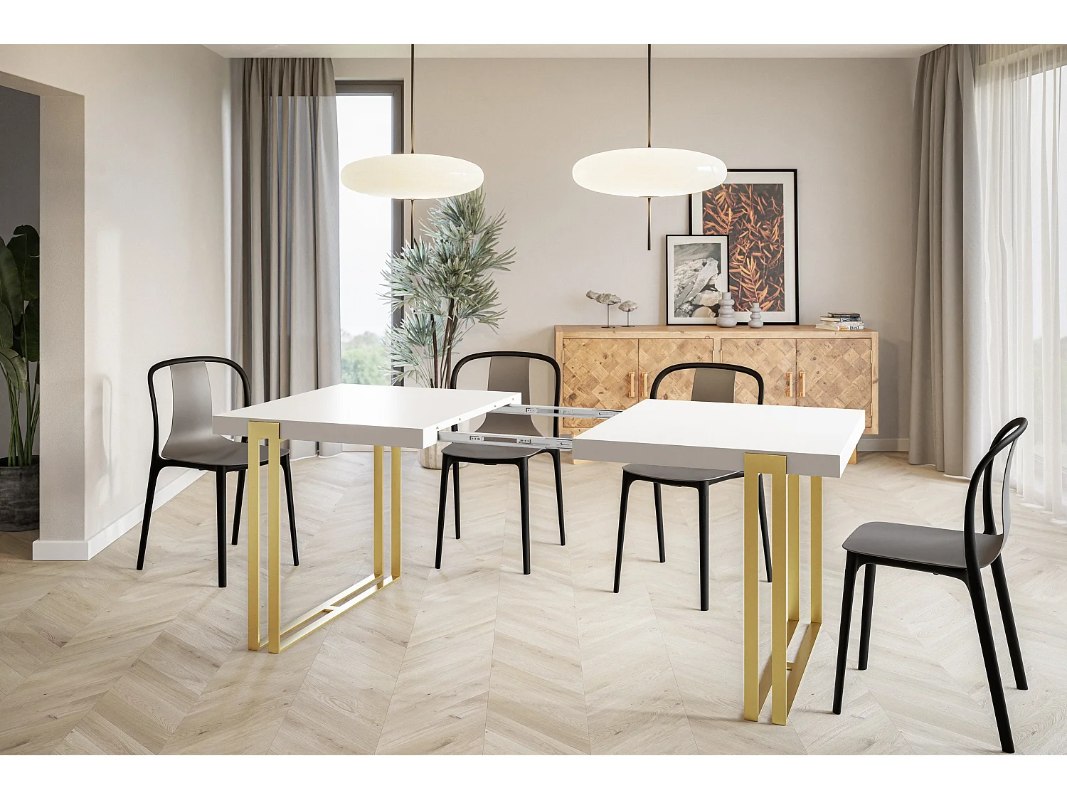 Table de salle à manger rectangulaire ROSA, table à rallonges, dimensions: 160-260X90X77 cm,couleur: blanc, avec pieds métalliques couleur or