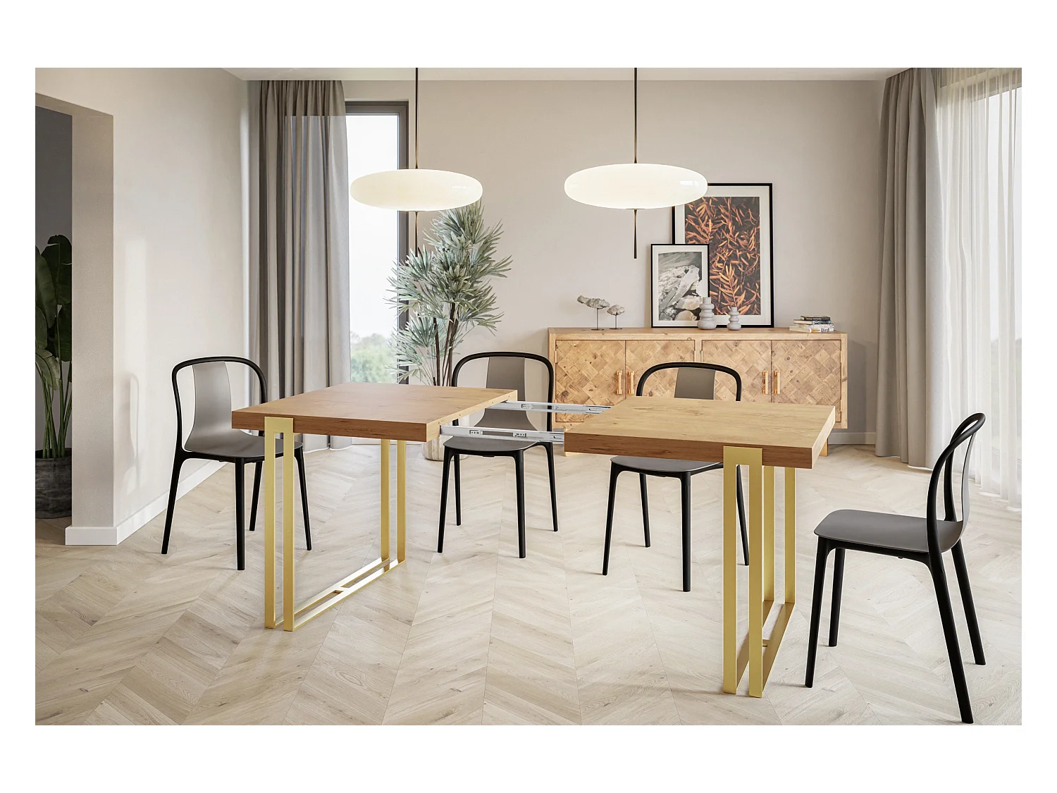 Table de salle à manger rectangulaire ROSA, table à rallonges, dimensions: 180-280X90X77 cm,couleur: LANCELOT, avec pieds métalliques couleur or