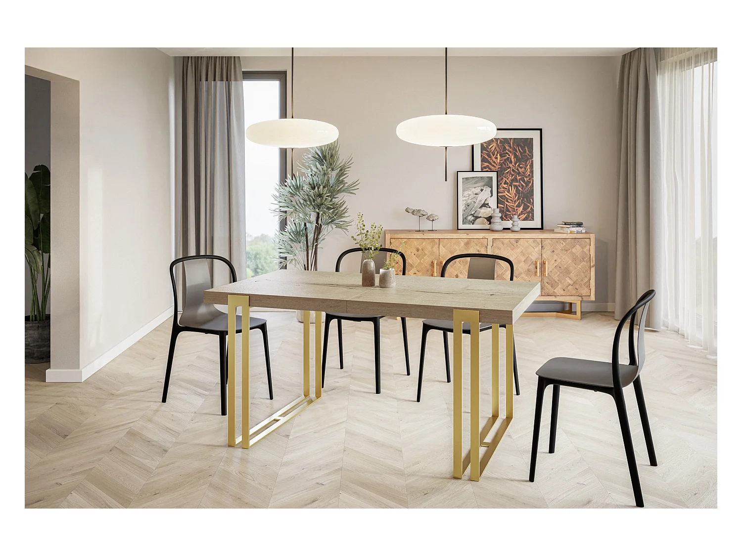 Table de salle à manger rectangulaire ROSA, table à rallonges, dimensions: 120-220X80X77 cm,couleur: HALIFAX, avec pieds métalliques couleur or