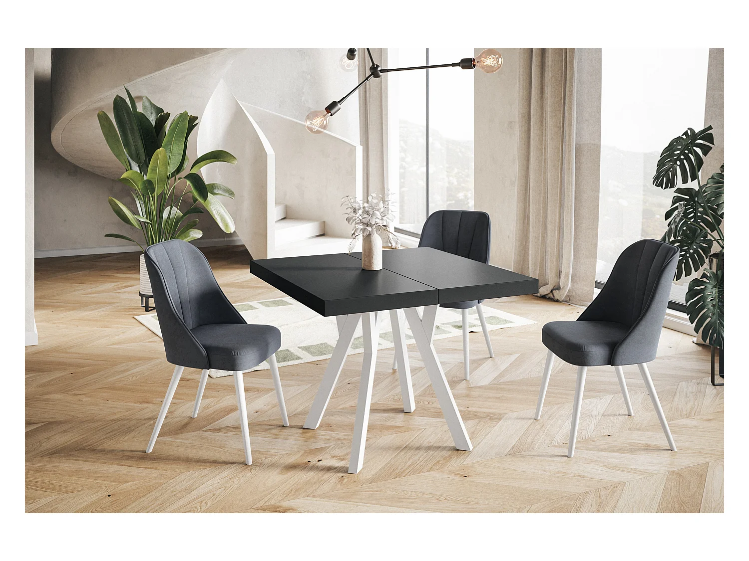 Table de salle à manger carrée RICO, table à rallonges, dimensions: 120-220X120X77 cm, couleur: noir, avec pieds en bois de couleur blanche