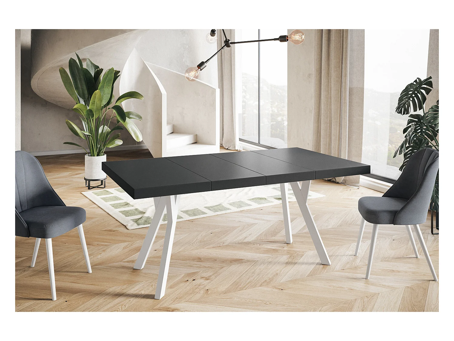 Table de salle à manger carrée RICO, table à rallonges, dimensions: 120-220X120X77 cm, couleur: noir, avec pieds en bois de couleur blanche