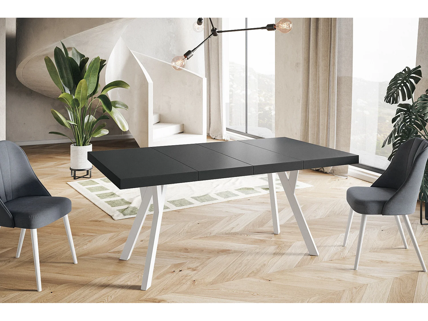 Table de salle à manger carrée RICO, table à rallonges, dimensions: 120-220X120X77 cm, couleur: noir, avec pieds en bois de couleur blanche