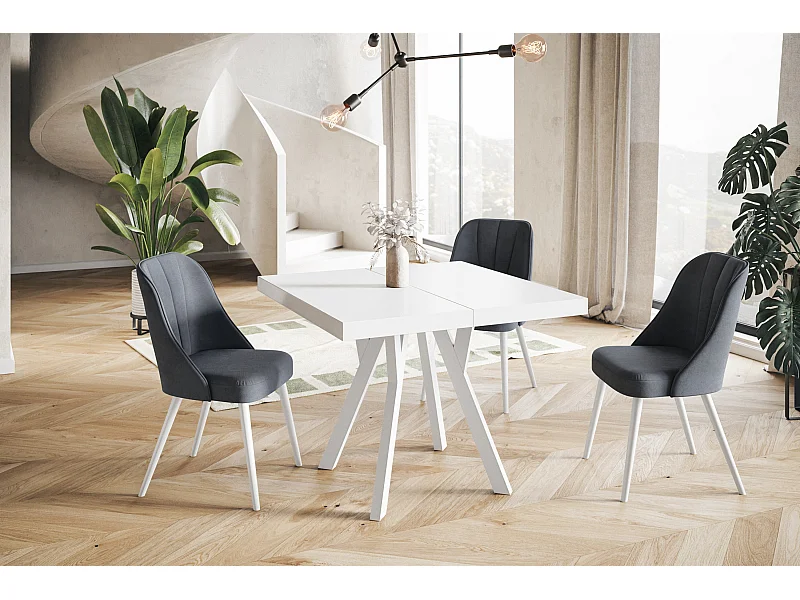 Table de salle à manger carrée RICO, table à rallonges, dimensions: 120-220X120X77 cm, couleur: blanc, avec pieds en bois de couleur blanc