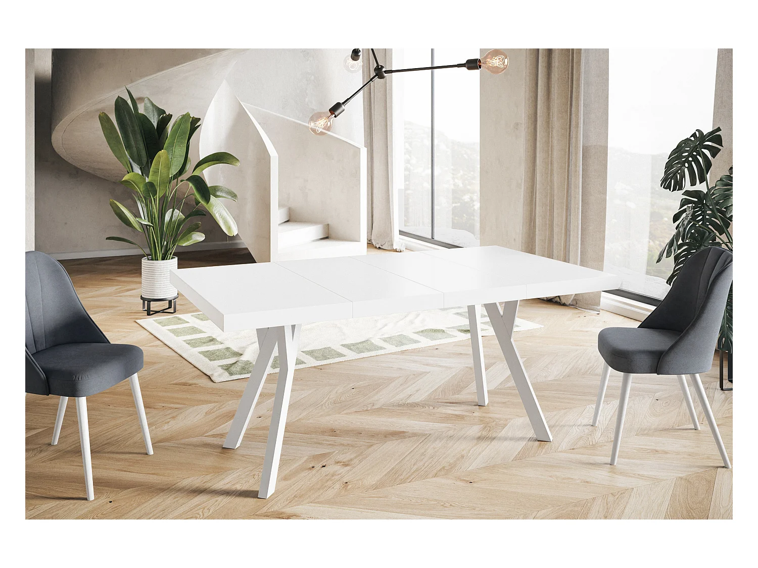 Table de salle à manger carrée RICO, table à rallonges, dimensions: 120-220X120X77 cm, couleur: blanc, avec pieds en bois de couleur blanc