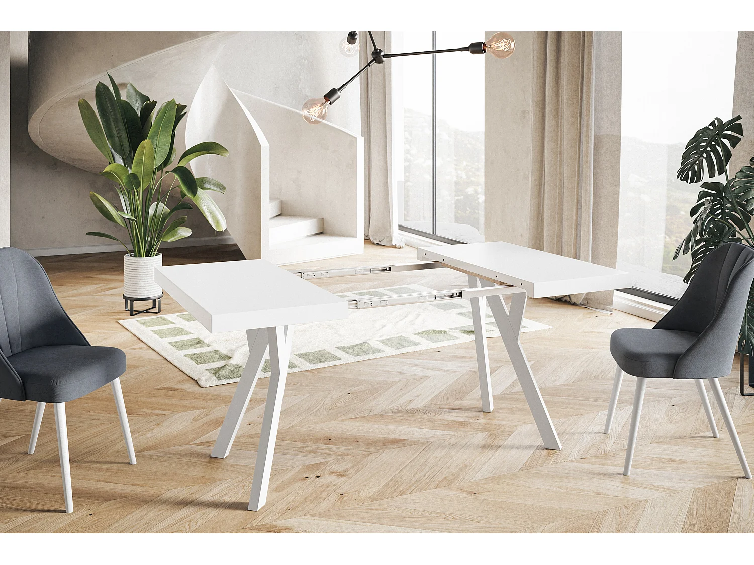 Table de salle à manger carrée RICO, table à rallonges, dimensions: 120-220X120X77 cm, couleur: blanc, avec pieds en bois de couleur blanc