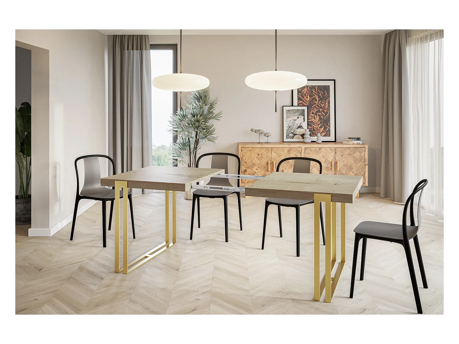 Table de salle à manger rectangulaire ROSA, table à rallonges, dimensions: 180-280X90X77 cm,couleur: HALIFAX, avec pieds métalliques couleur or