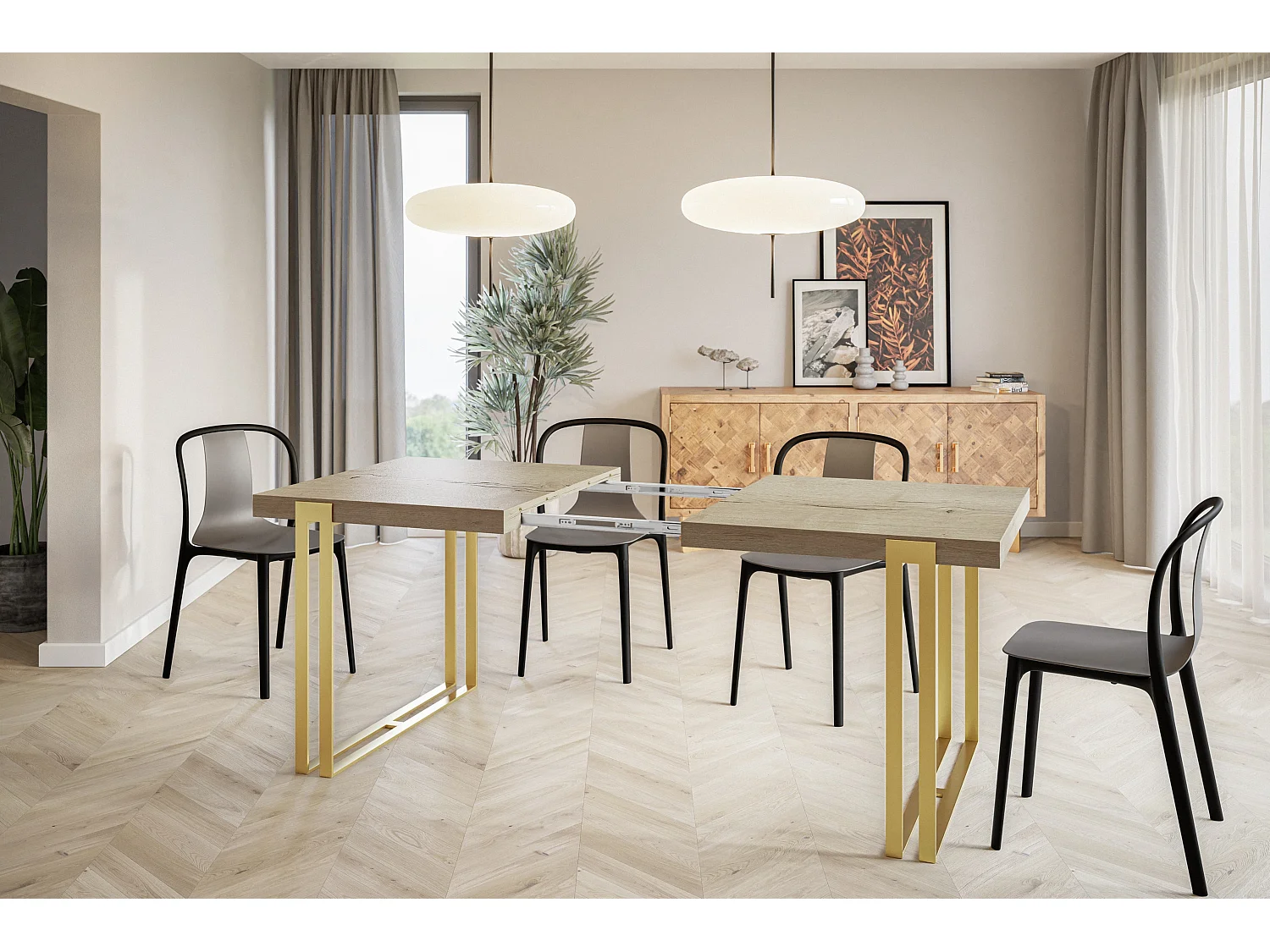 Table de salle à manger rectangulaire ROSA, table à rallonges, dimensions: 180-280X90X77 cm,couleur: HALIFAX, avec pieds métalliques couleur or