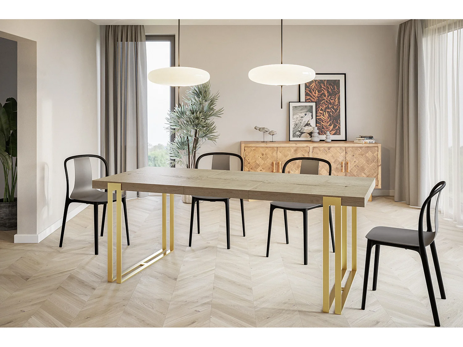 Table de salle à manger rectangulaire ROSA, table à rallonges, dimensions: 180-280X90X77 cm,couleur: HALIFAX, avec pieds métalliques couleur or