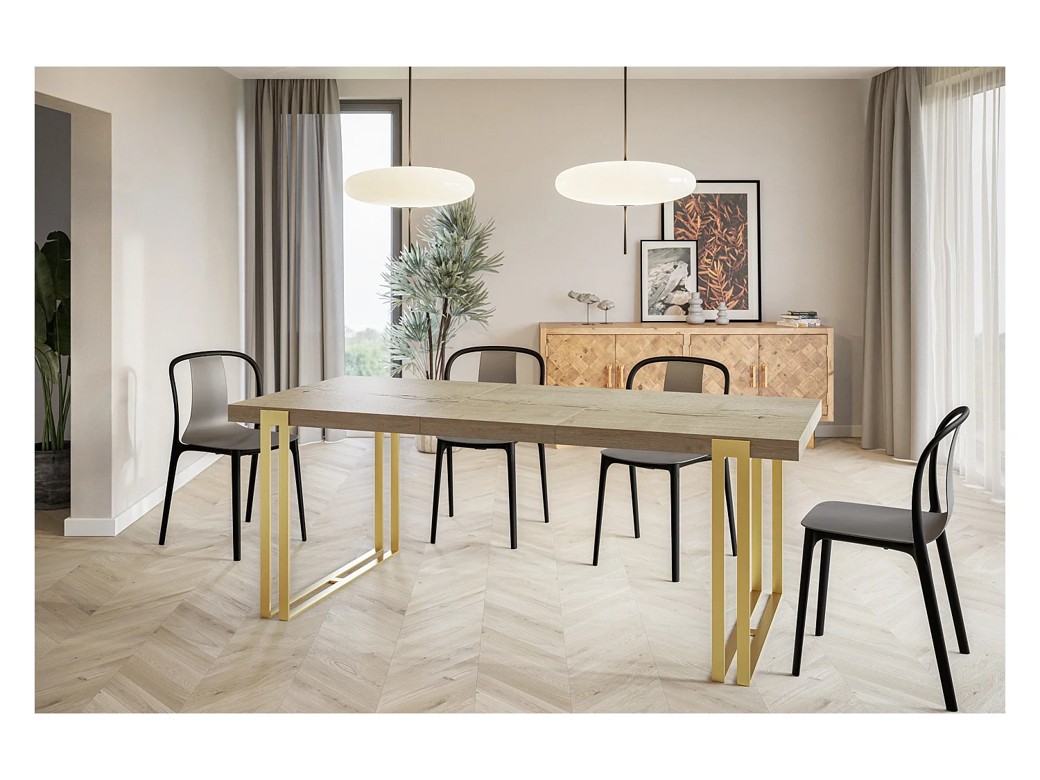 Table de salle à manger rectangulaire ROSA, table à rallonges, dimensions: 160-260X90X77 cm,couleur: HALIFAX, avec pieds métalliques couleur or