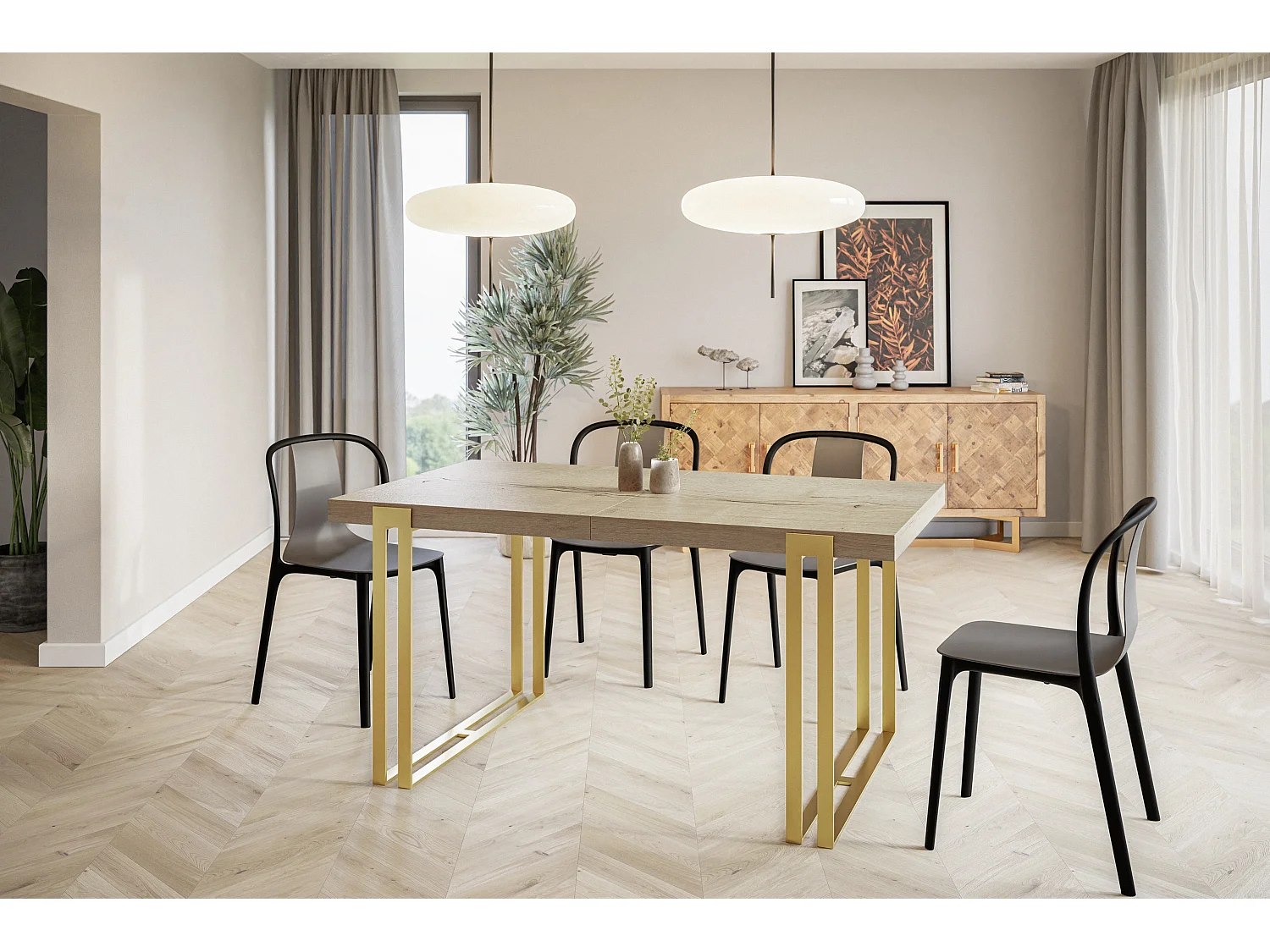 Table de salle à manger rectangulaire ROSA, table à rallonges, dimensions: 160-260X90X77 cm,couleur: HALIFAX, avec pieds métalliques couleur or