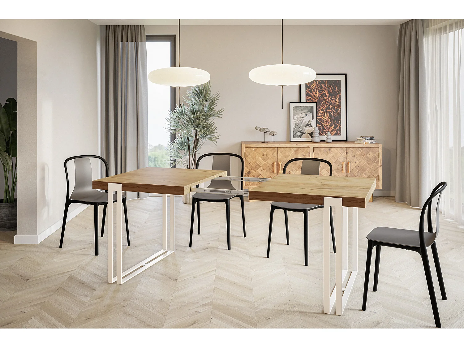 Table de salle à manger rectangulaire ROSA, table à rallonges, dimensions: 180-280X90X77 cm,couleur: CRAFT, avec pieds métalliques de couleur blanche