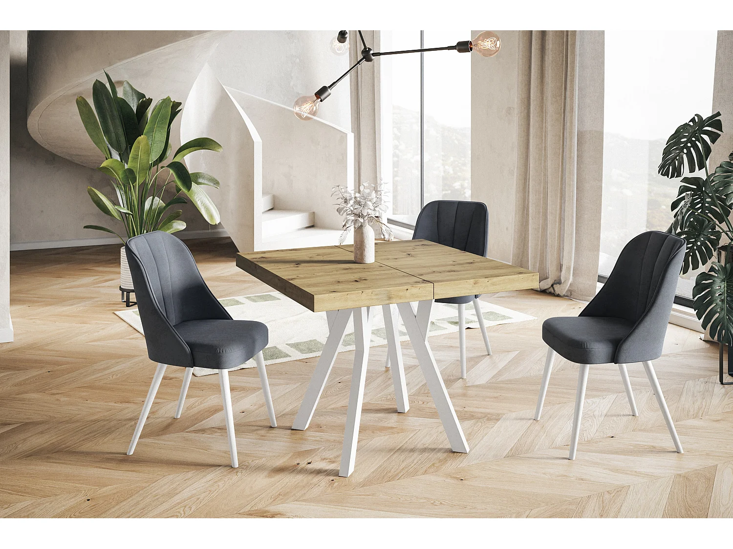 Table de salle à manger carrée RICO, table à rallonges, dimensions: 100-200X100X77 cm, couleur: ARTISAN, avec pieds en bois de couleur blanche