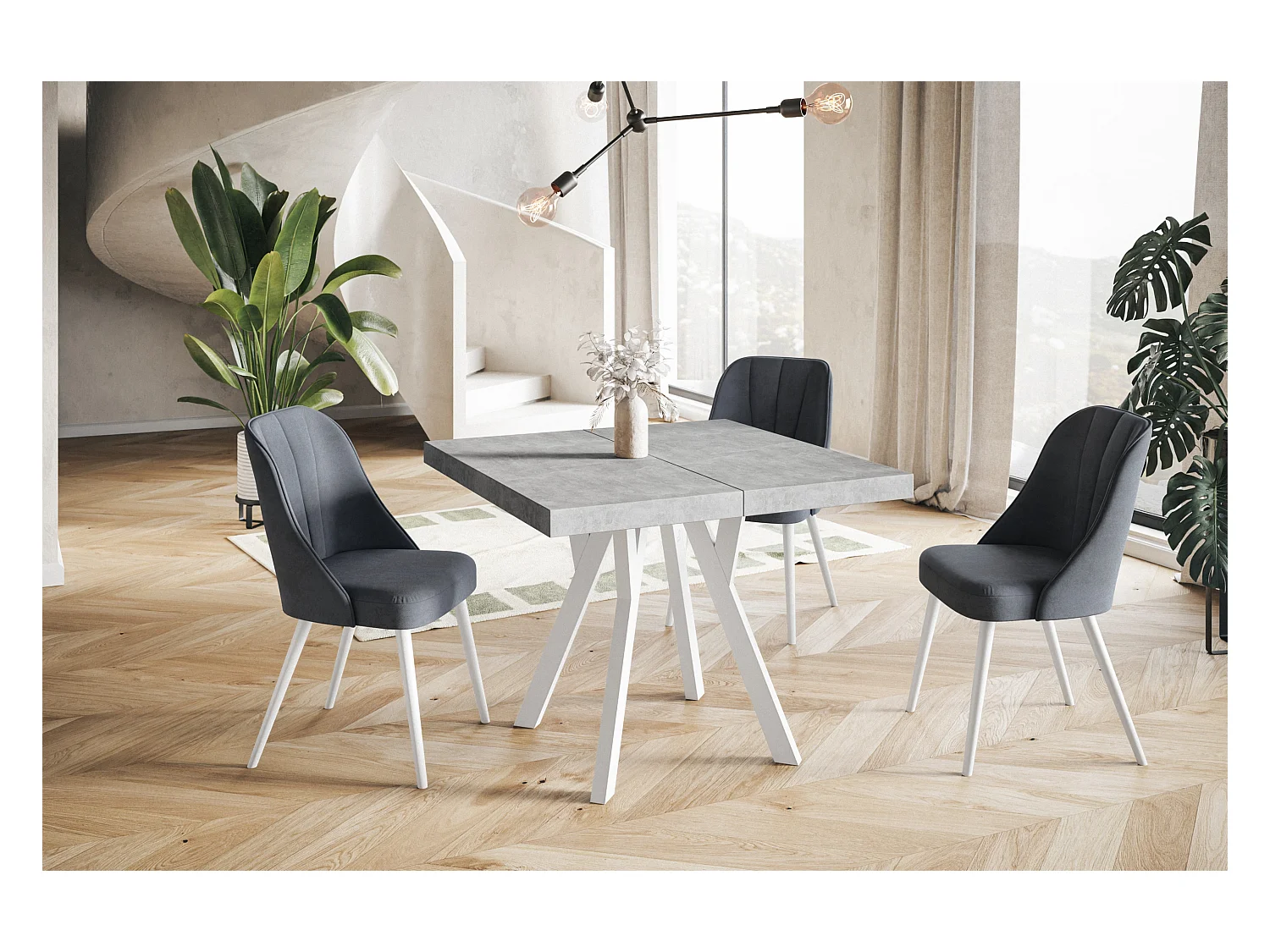 Table de salle à manger carrée RICO, table à rallonges, dimensions: 120-220X120X77 cm, couleur: graphite, avec pieds en bois de couleur blanche