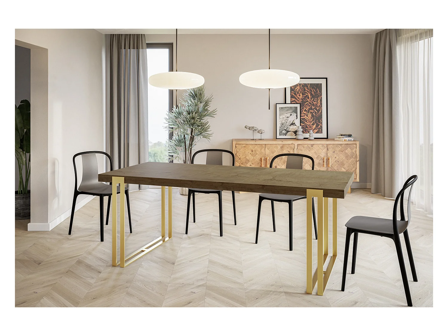 Table de salle à manger rectangulaire ROSA, table à rallonges, dimensions: 160-260X90X77 cm, couleur: LEFKAS, avec pieds métalliques couleur or