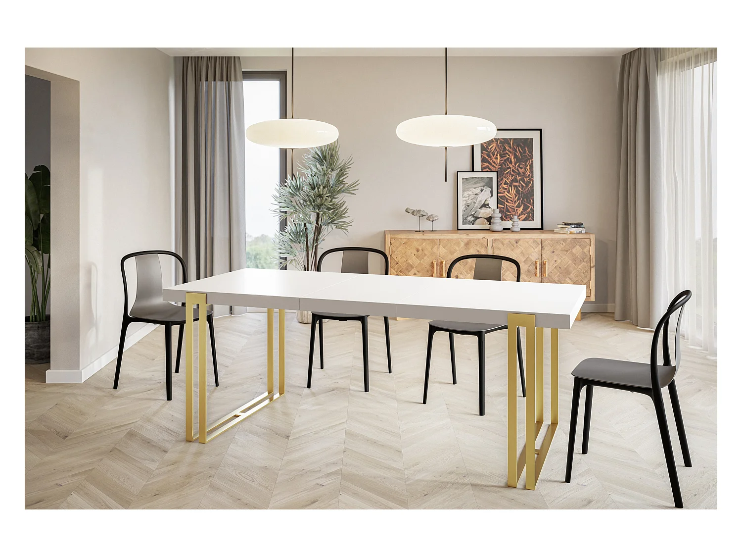 Table de salle à manger rectangulaire ROSA, table à rallonges, dimensions: 180-280X90X77 cm,couleur: blanc, avec pieds métalliques couleur or