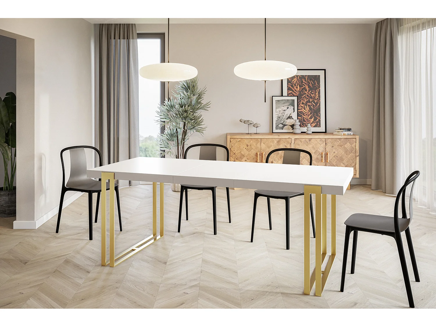 Table de salle à manger rectangulaire ROSA, table à rallonges, dimensions: 180-280X90X77 cm,couleur: blanc, avec pieds métalliques couleur or