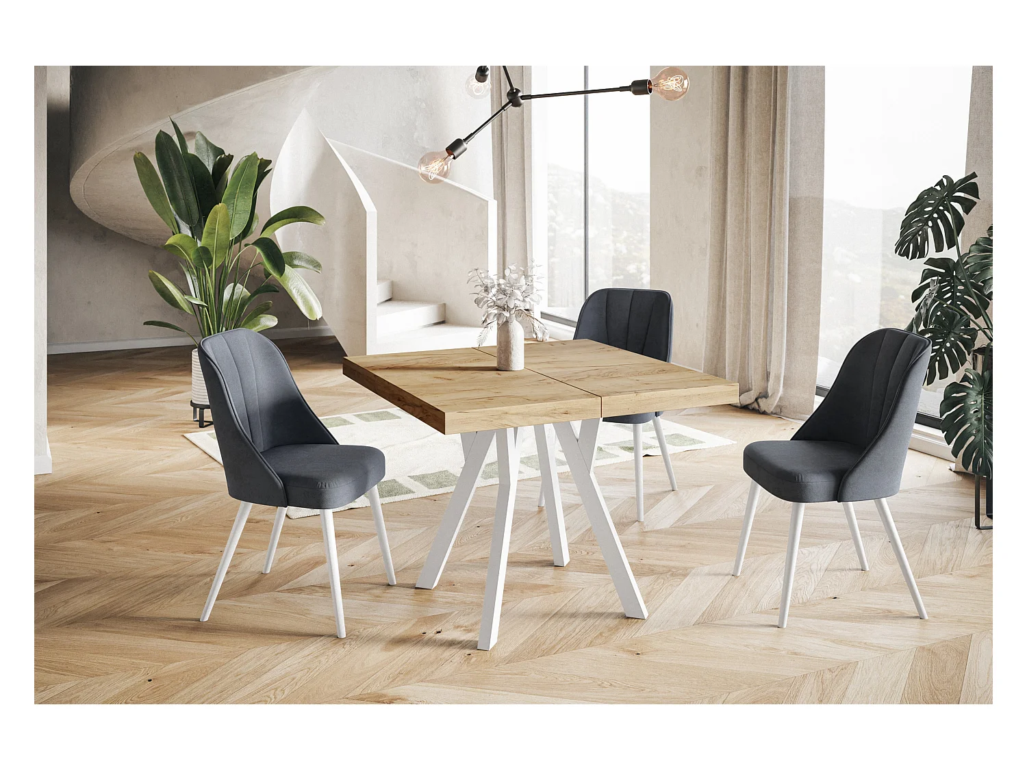 Table de salle à manger carrée RICO, table à rallonges, dimensions: 120-220X120X77 cm, couleur: CRAFT, avec pieds en bois de couleur blanche