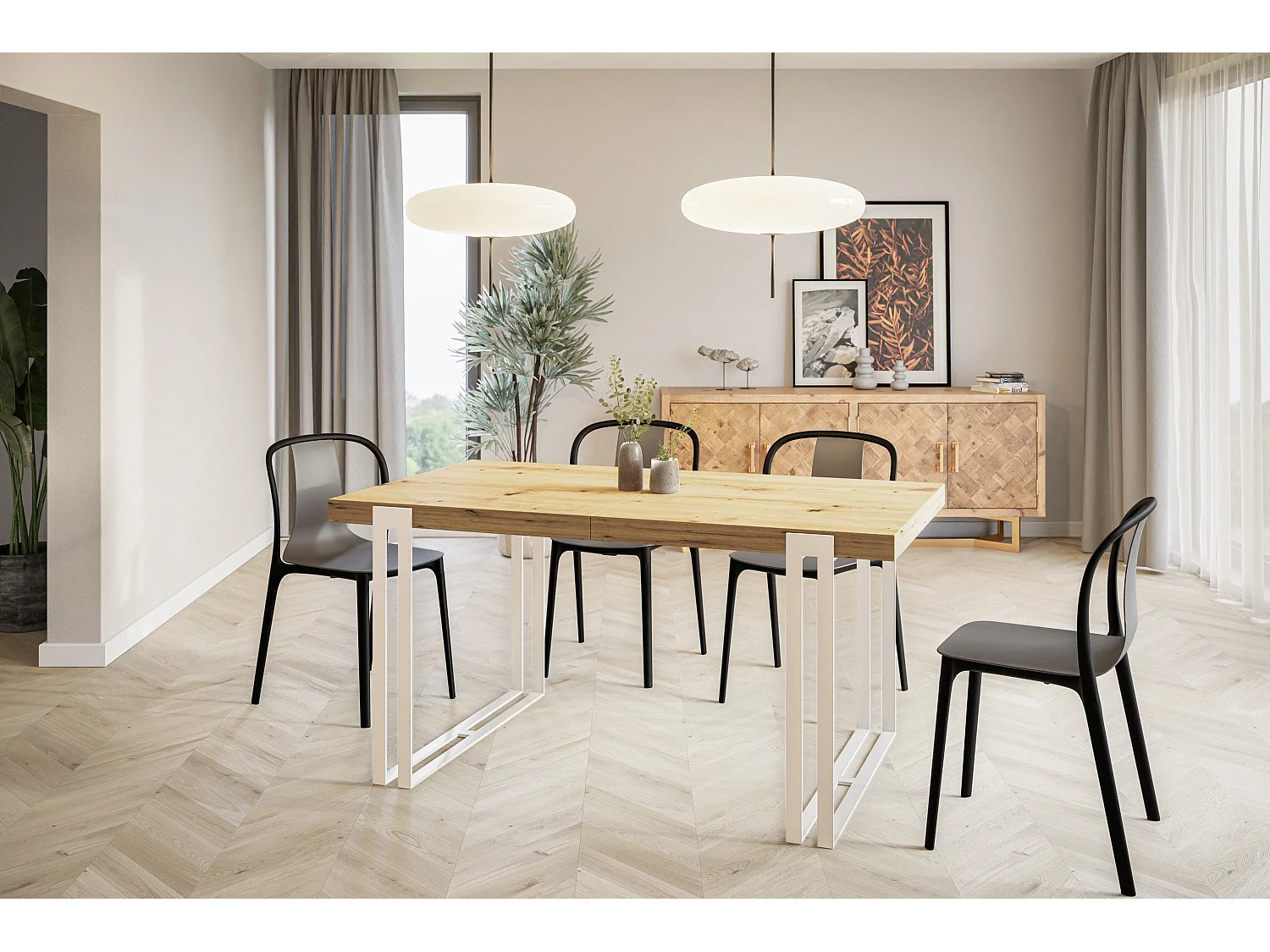 Table de salle à manger rectangulaire ROSA, table à rallonges, dimensions: 140-240X80X77 cm, couleur: ARTISAN, avec pieds métalliques de couleur blanche