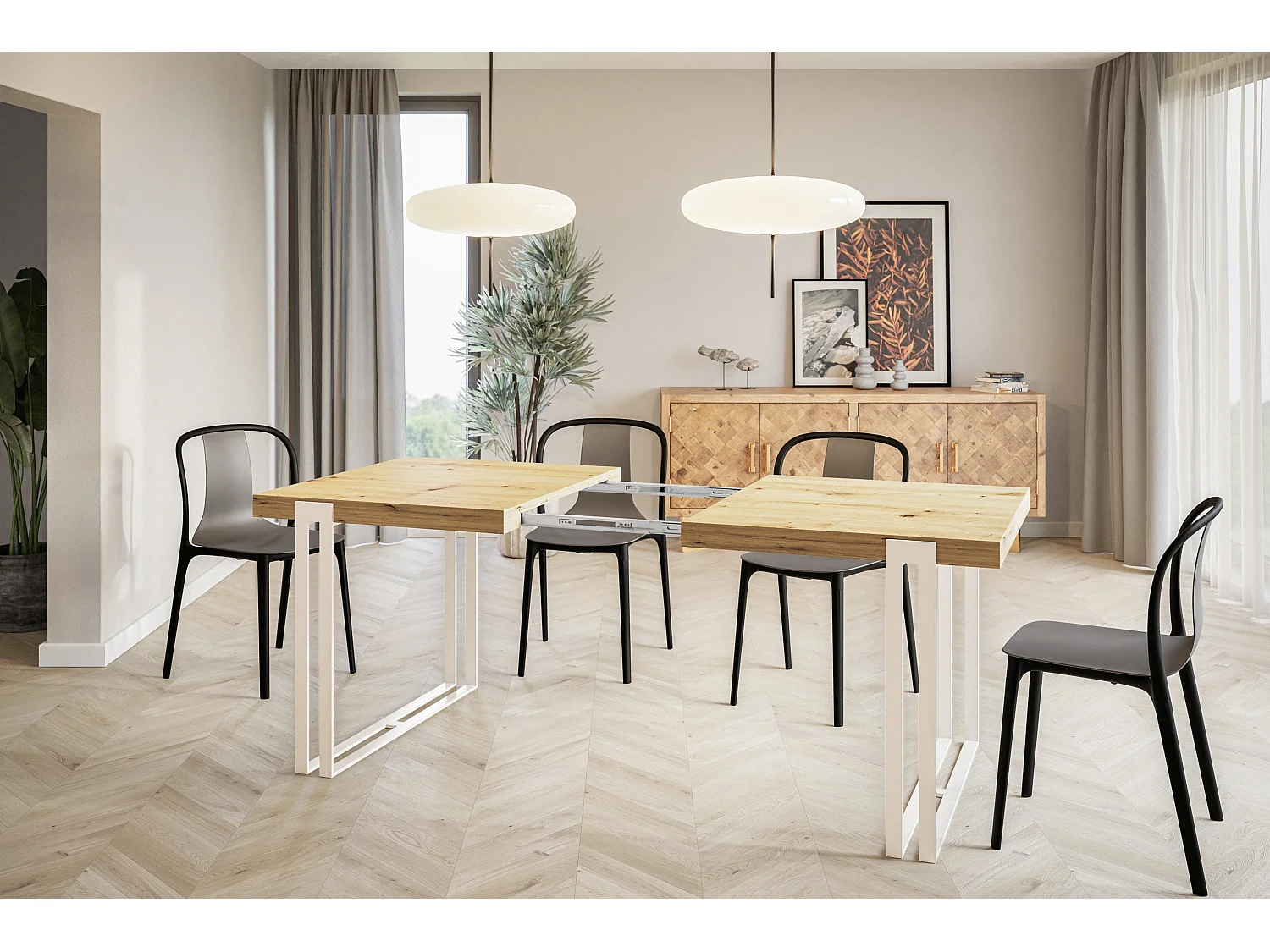 Table de salle à manger rectangulaire ROSA, table à rallonges, dimensions: 140-240X80X77 cm, couleur: ARTISAN, avec pieds métalliques de couleur blanche