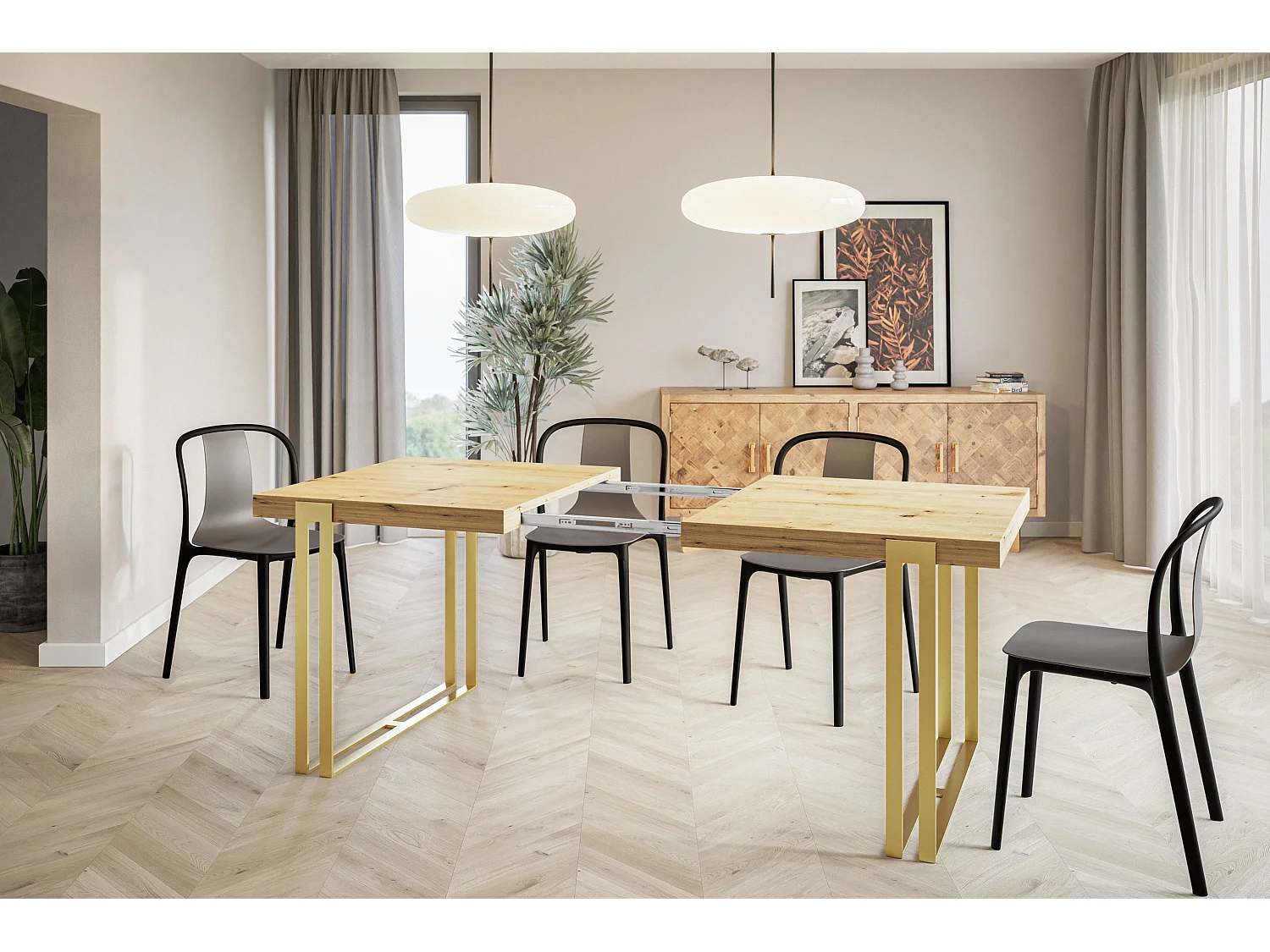 Table de salle à manger rectangulaire ROSA, table à rallonges, dimensions: 180-280X90X77 cm,couleur: ARTISAN, avec pieds métalliques couleur or