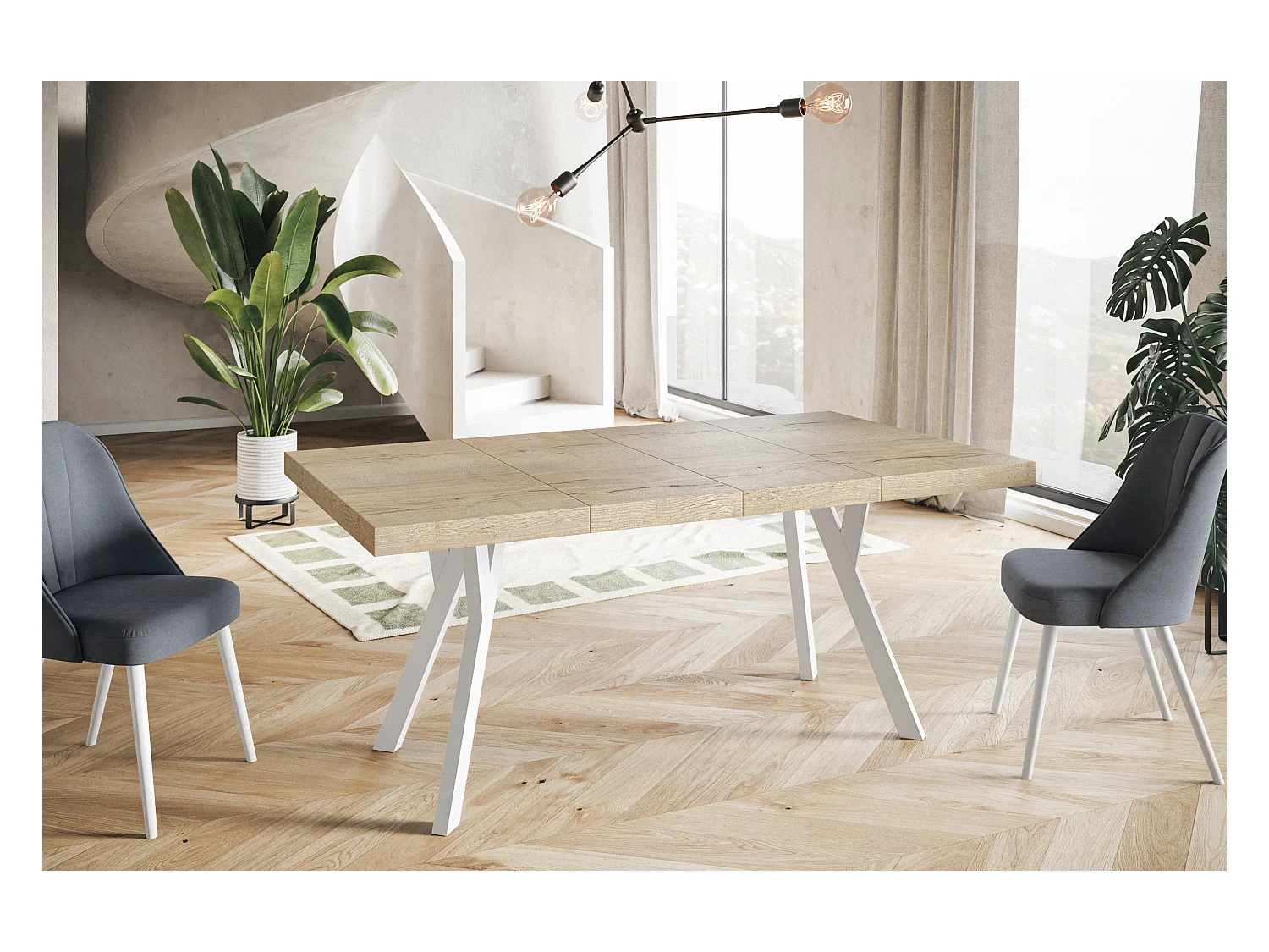 Table de salle à manger carrée RICO, table à rallonges, dimensions: 110-210X110X77 cm, couleur: HALIFAX, avec pieds en bois blanc