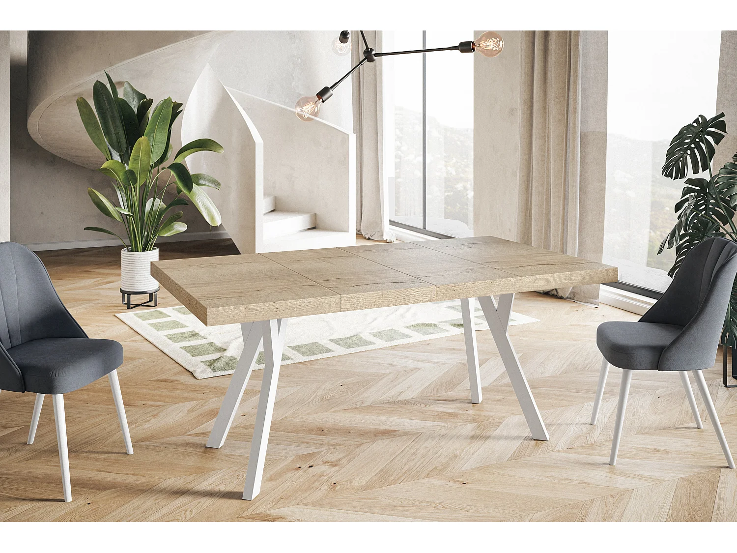 Table de salle à manger carrée RICO, table à rallonges, dimensions: 110-210X110X77 cm, couleur: HALIFAX, avec pieds en bois blanc