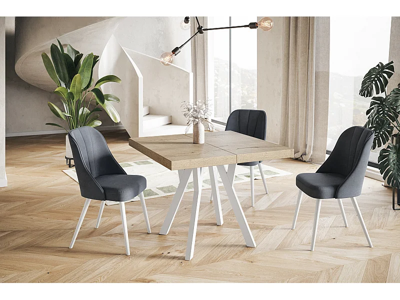 Table de salle à manger carrée RICO, table à rallonges, dimensions: 110-210X110X77 cm, couleur: HALIFAX, avec pieds en bois blanc