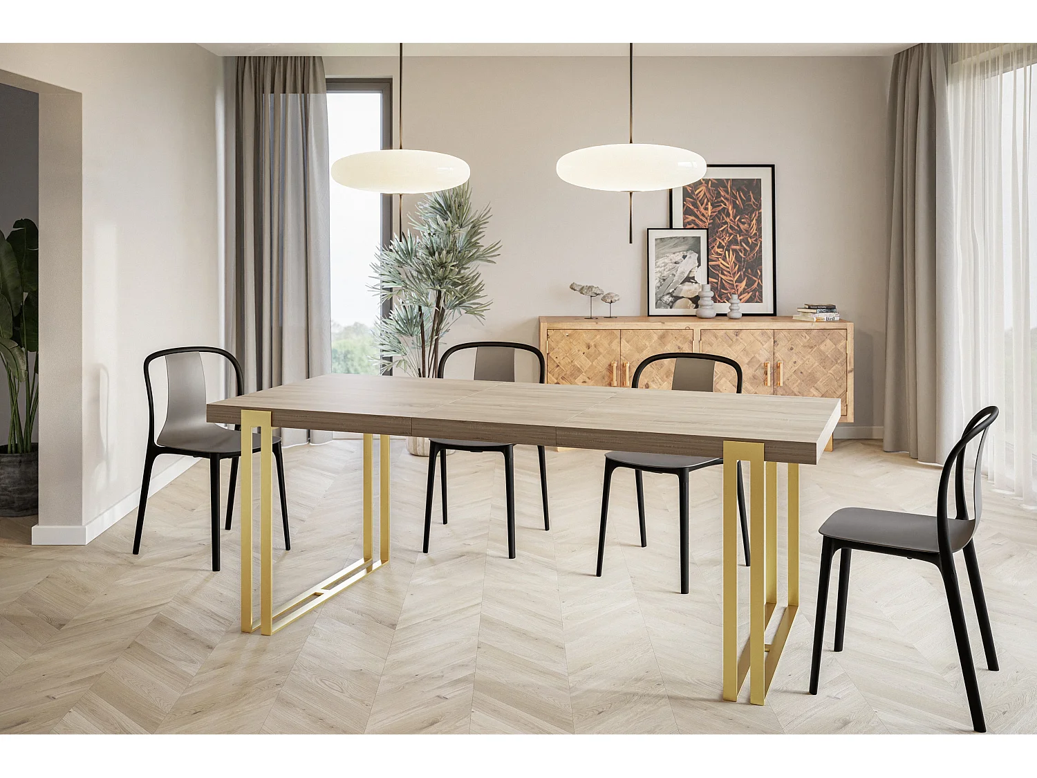 Table de salle à manger rectangulaire ROSA, table à rallonges, dimensions: 180-280X90X77 cm,couleur: SONOMA, avec pieds métalliques couleur or