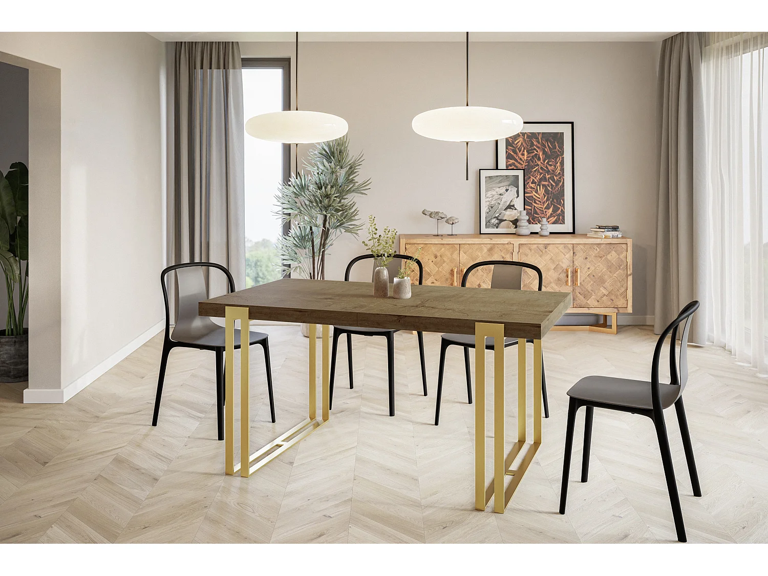 Table de salle à manger rectangulaire ROSA, table à rallonges, dimensions: 180-280X90X77 cm, couleur: LEFKAS, avec pieds métalliques couleur or