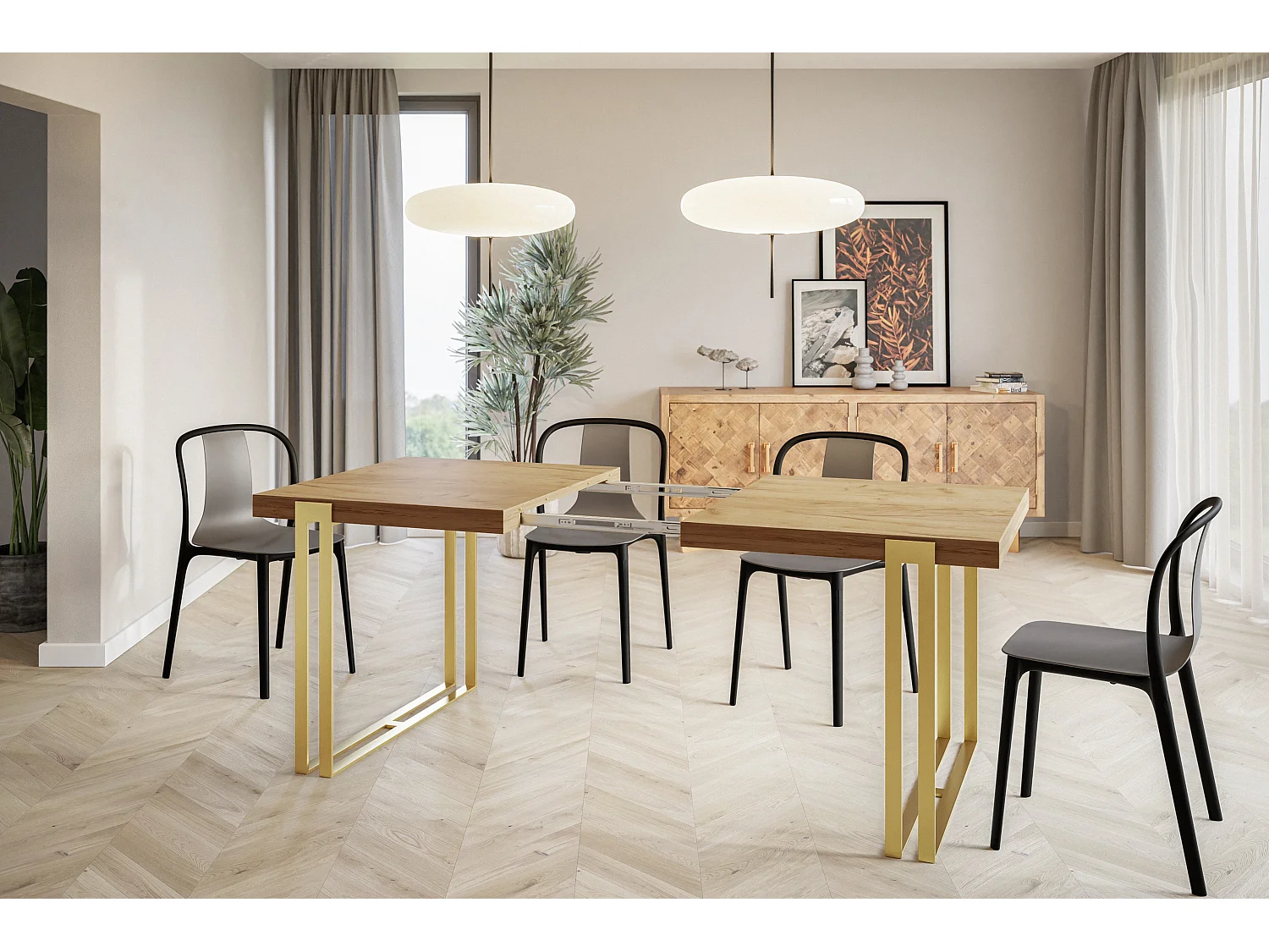Table de salle à manger rectangulaire ROSA, table à rallonges, dimensions: 160-260X90X77 cm,couleur: CRAFT, avec pieds métalliques couleur or