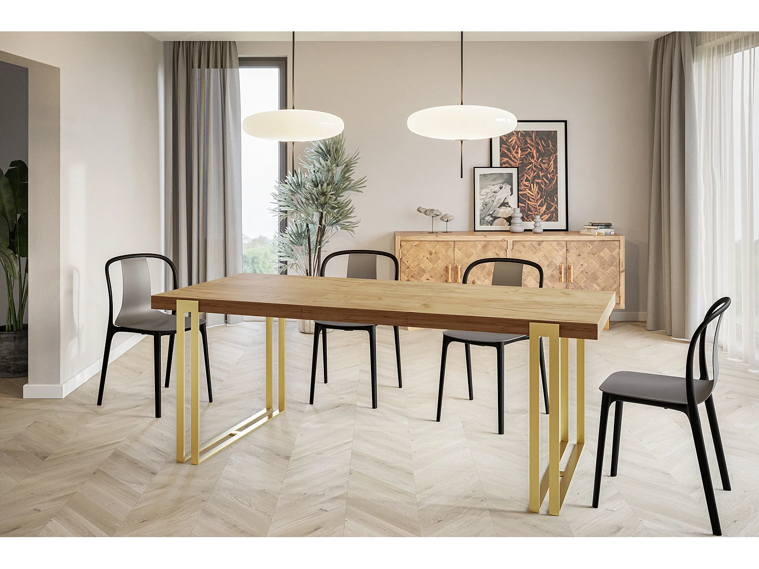 Table de salle à manger rectangulaire ROSA, table à rallonges, dimensions: 160-260X90X77 cm,couleur: CRAFT, avec pieds métalliques couleur or