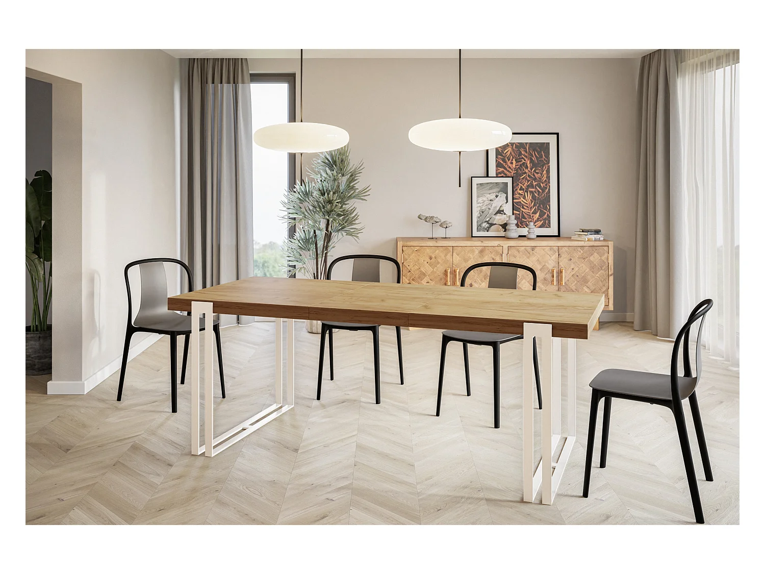 Table de salle à manger rectangulaire ROSA, table à rallonges, dimensions: 140-240X80X77 cm,couleur: CRAFT, avec pieds métalliques de couleur blanche