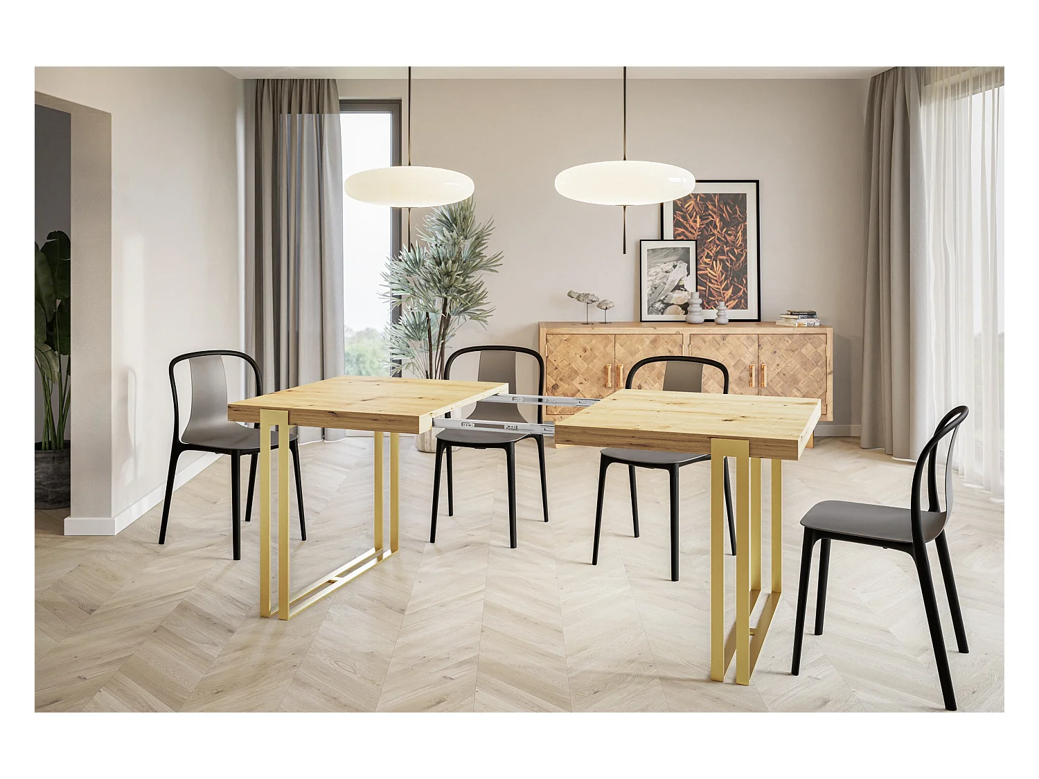 Table de salle à manger rectangulaire ROSA, table à rallonges, dimensions: 160-260X90X77 cm,couleur: ARTISAN, avec pieds métalliques couleur or