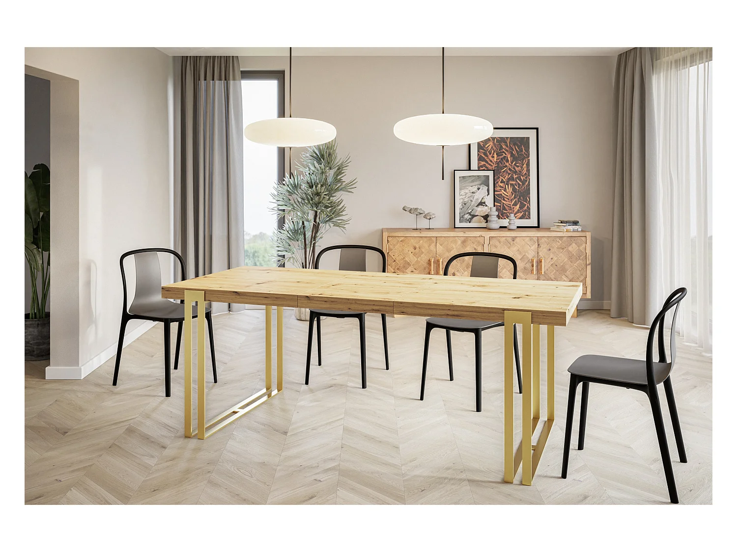 Table de salle à manger rectangulaire ROSA, table à rallonges, dimensions: 160-260X90X77 cm,couleur: ARTISAN, avec pieds métalliques couleur or