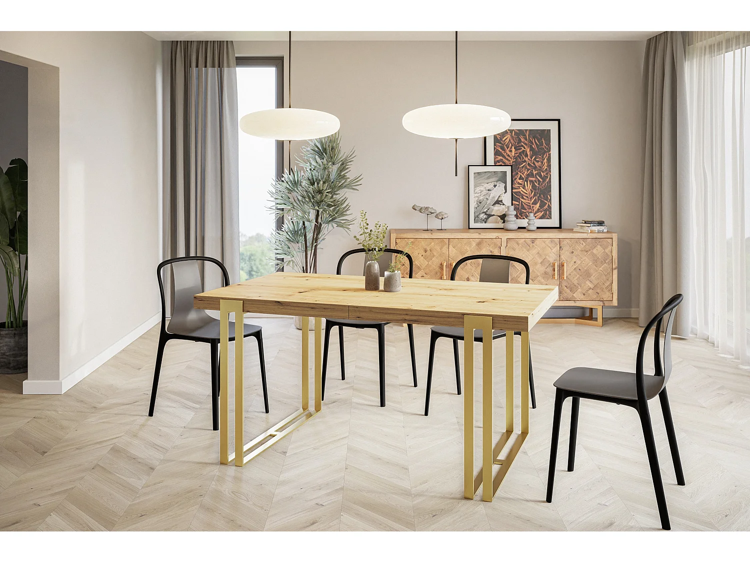 Table de salle à manger rectangulaire ROSA, table à rallonges, dimensions: 160-260X90X77 cm,couleur: ARTISAN, avec pieds métalliques couleur or