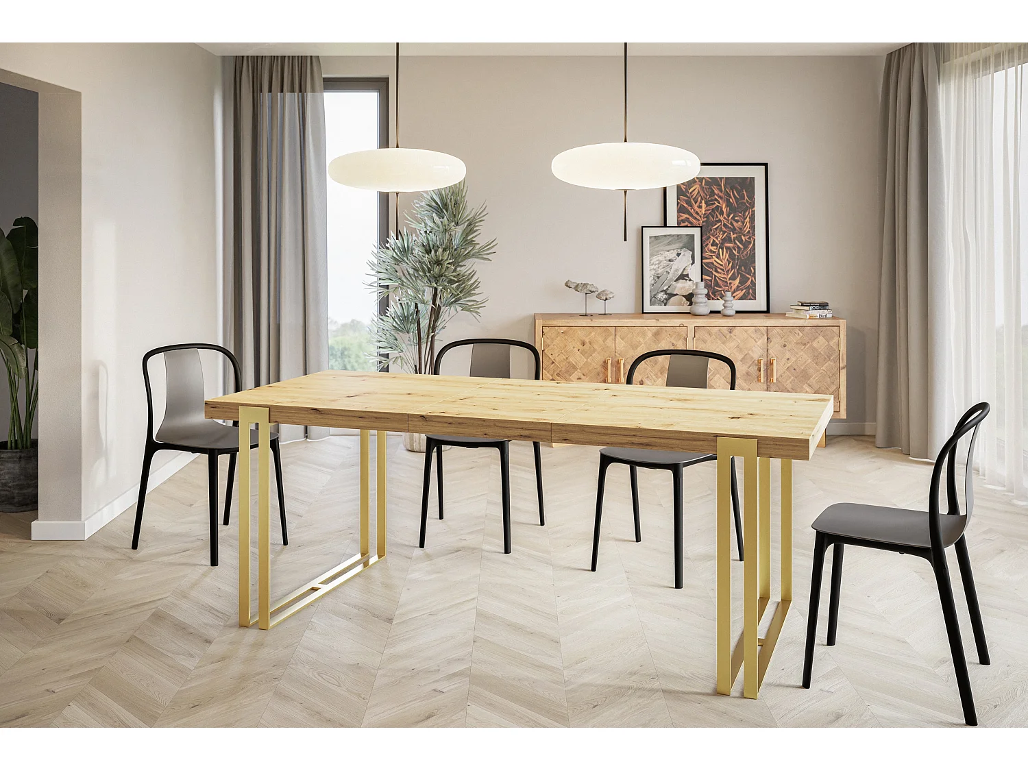 Table de salle à manger rectangulaire ROSA, table à rallonges, dimensions: 160-260X90X77 cm,couleur: ARTISAN, avec pieds métalliques couleur or