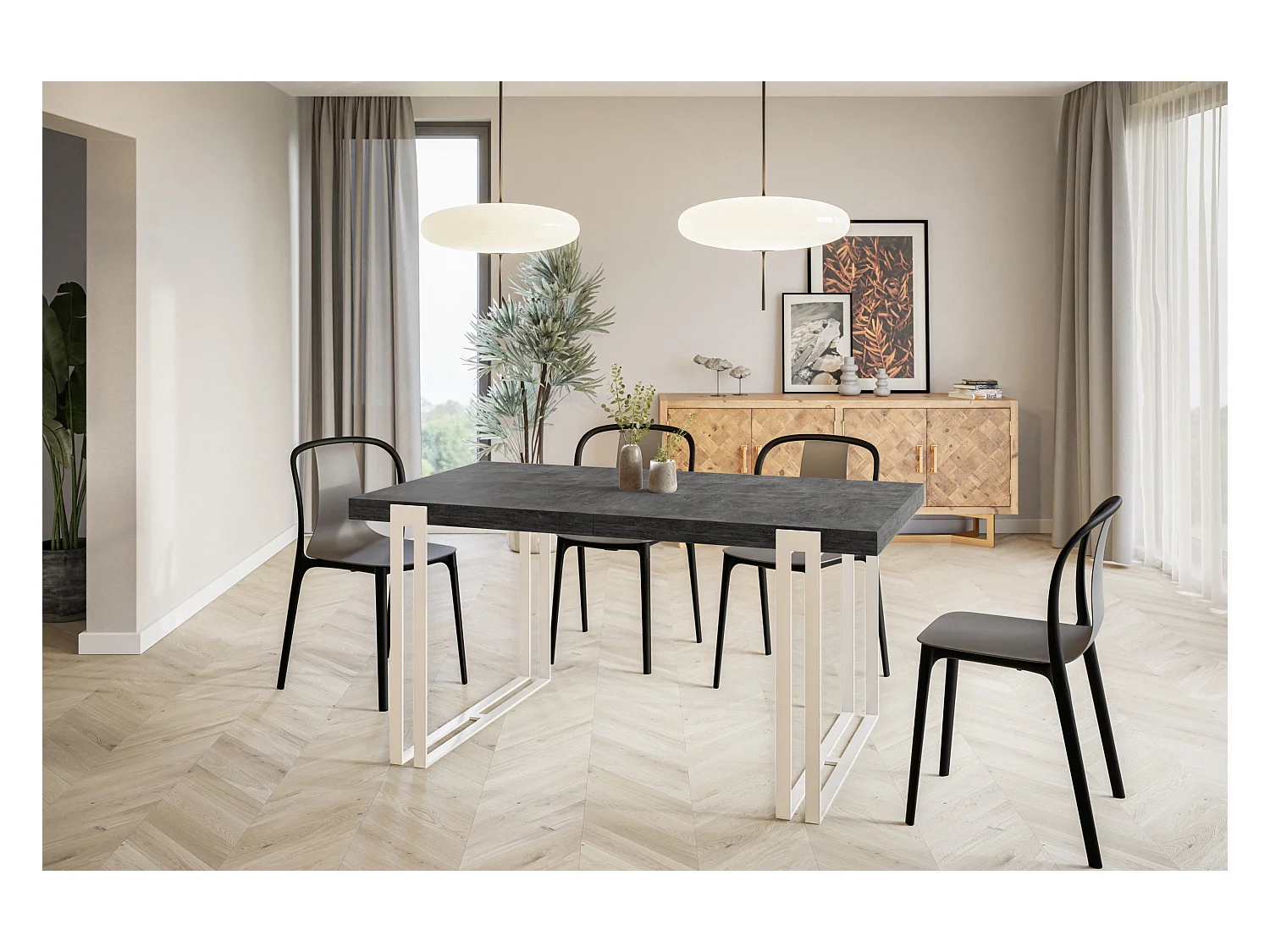 Table de salle à manger rectangulaire ROSA, table à rallonges, dimensions: 120-220X80X77 cm,couleur: gris foncé, avec pieds métalliques de couleur blanche