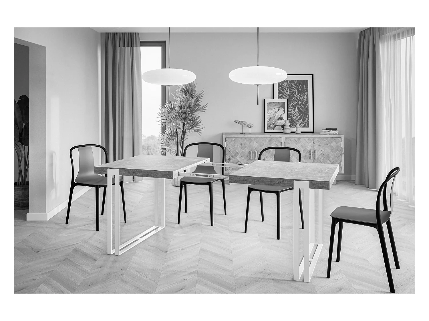 Table de salle à manger rectangulaire ROSA, table à rallonges, dimensions: 120-220X80X77 cm,couleur: gris foncé, avec pieds métalliques de couleur blanche