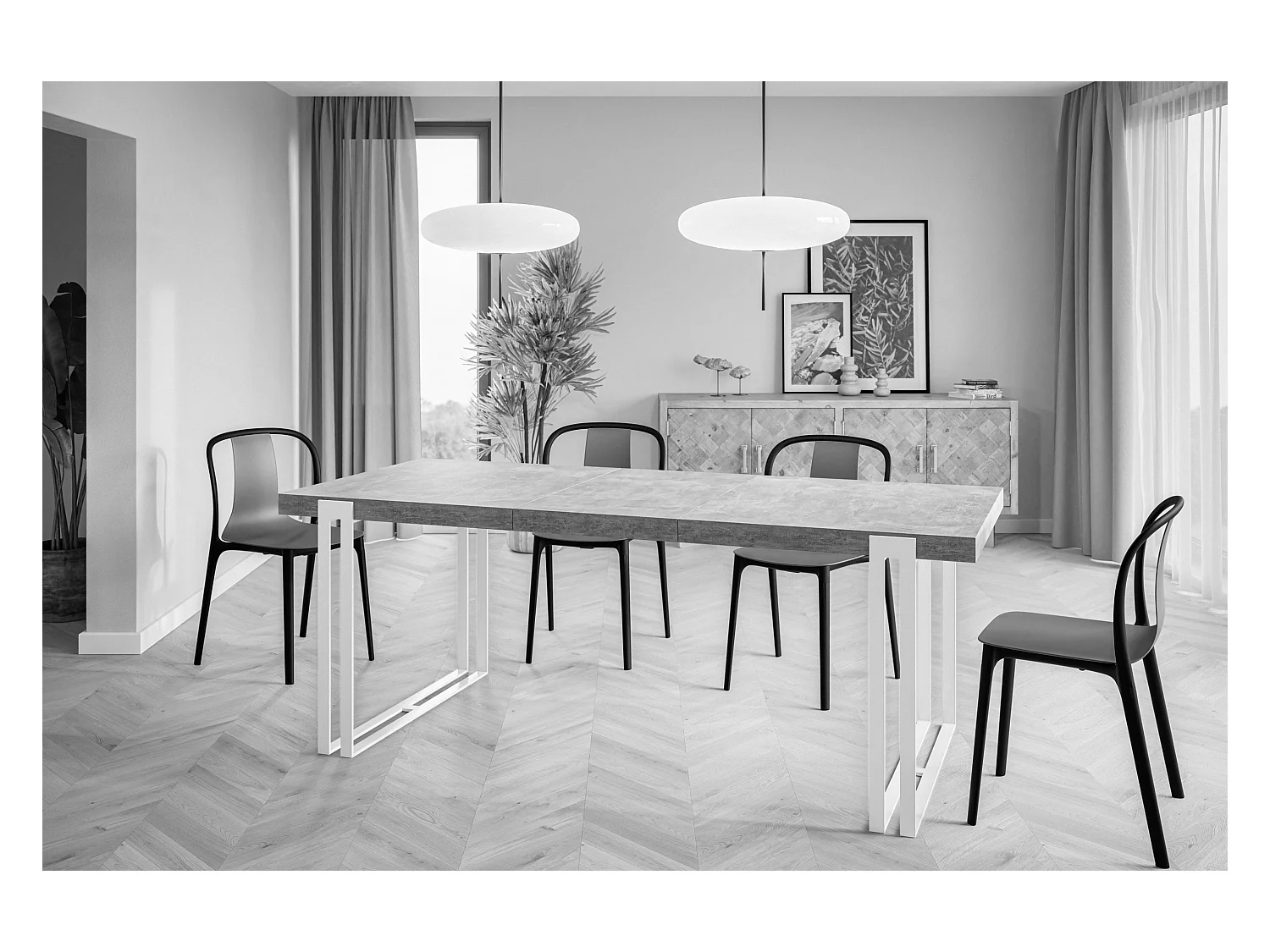 Table de salle à manger rectangulaire ROSA, table à rallonges, dimensions: 120-220X80X77 cm,couleur: gris foncé, avec pieds métalliques de couleur blanche
