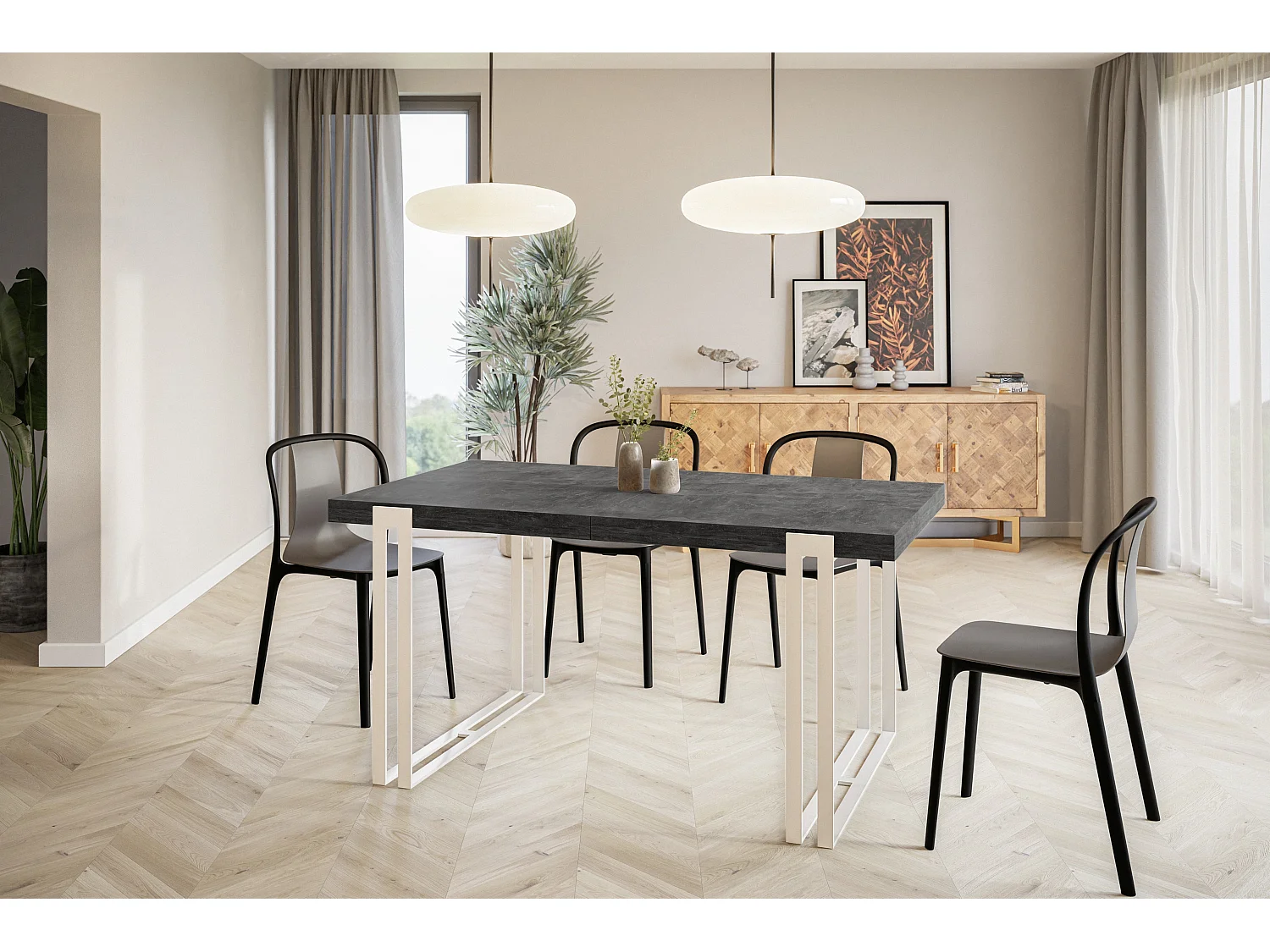 Table de salle à manger rectangulaire ROSA, table à rallonges, dimensions: 120-220X80X77 cm,couleur: gris foncé, avec pieds métalliques de couleur blanche