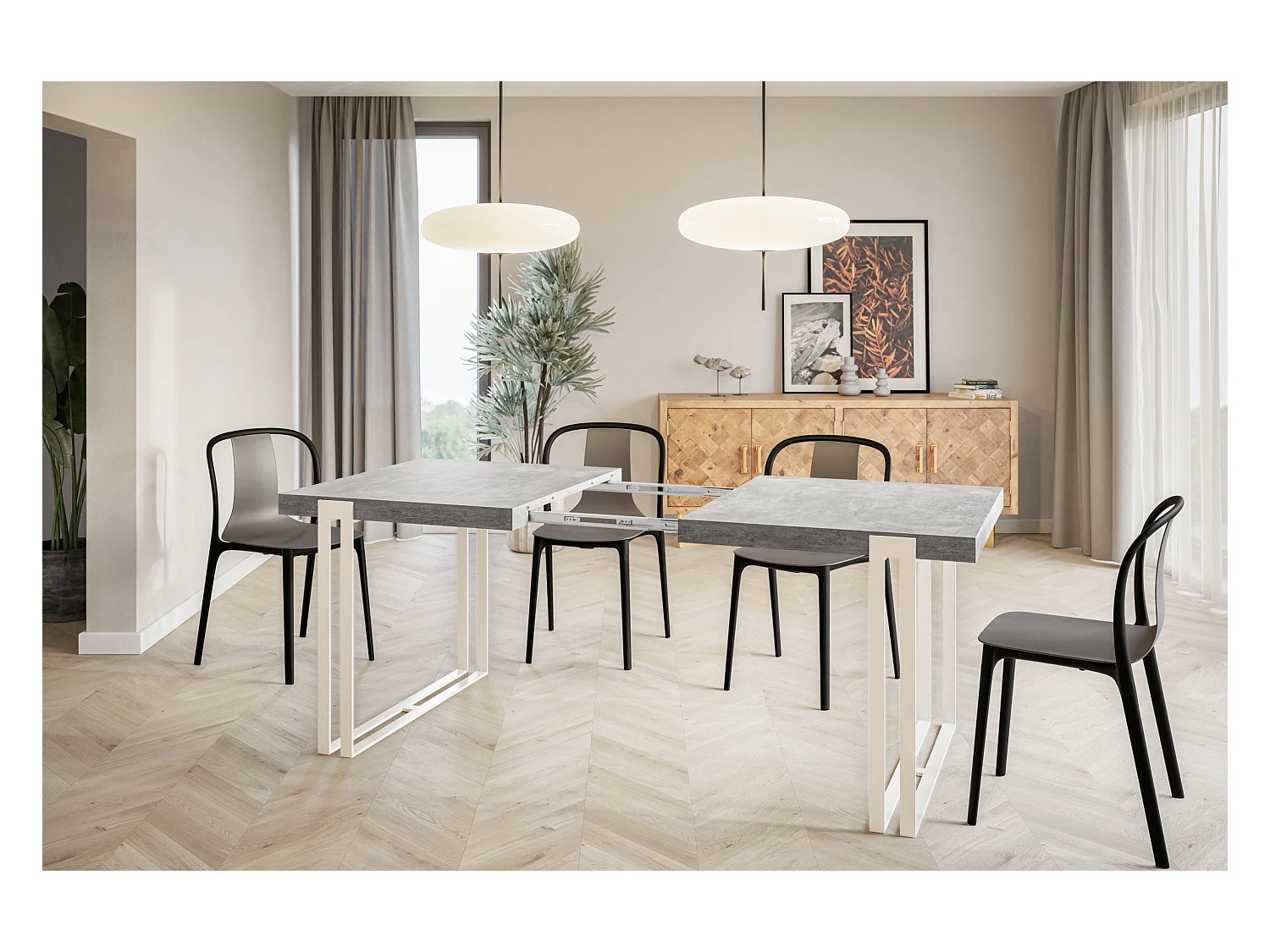 Table de salle à manger rectangulaire ROSA, table à rallonges, dimensions: 140-240X80X77 cm,couleur: gris clair, avec pieds métalliques de couleur blanche