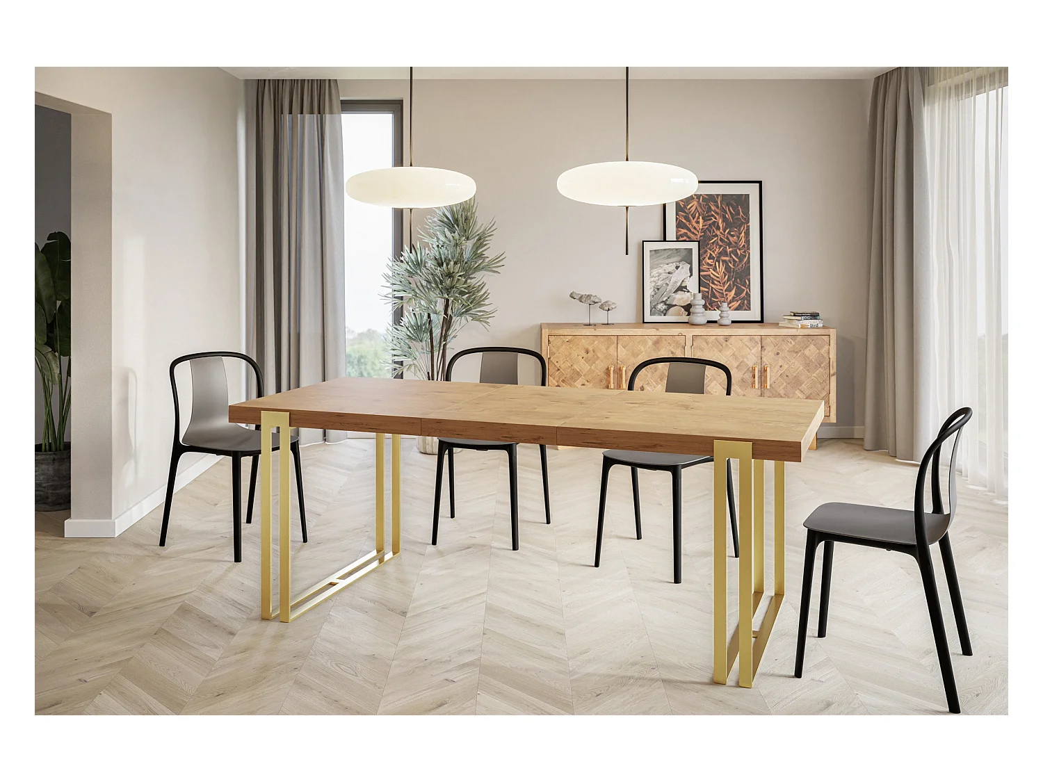 Table de salle à manger rectangulaire ROSA, table à rallonges, dimensions: 120-220X80X77 cm, couleur: LANCELOT, avec pieds métalliques couleur or