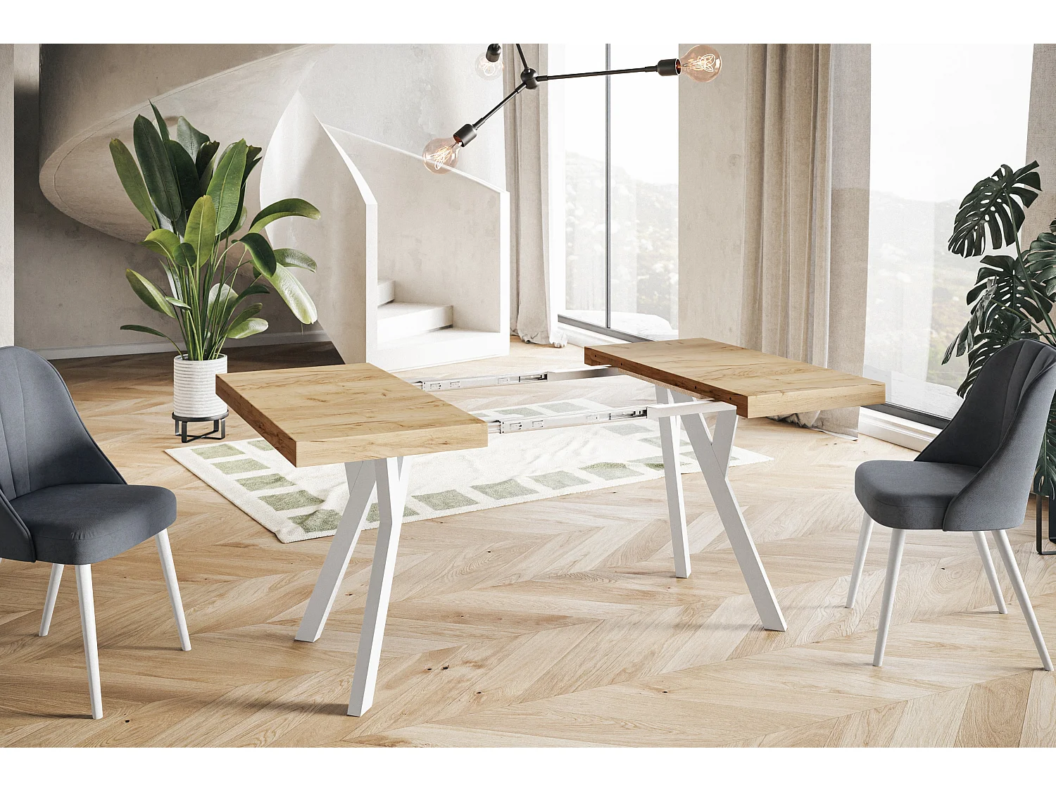 Table de salle à manger carrée RICO, table à rallonges, dimensions: 90-190X90X77 cm, couleur: CRAFT, avec pieds en bois de couleur blanche