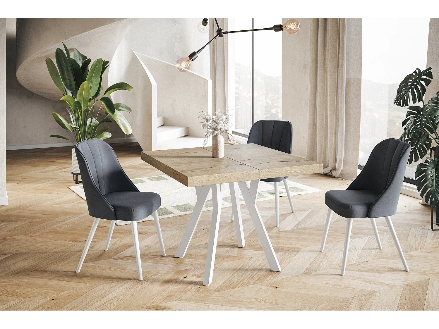 Table de salle à manger carrée RICO, table à rallonges, dimensions: 100-200X100X77 cm, couleur: HALIFAX, avec pieds en bois blanc