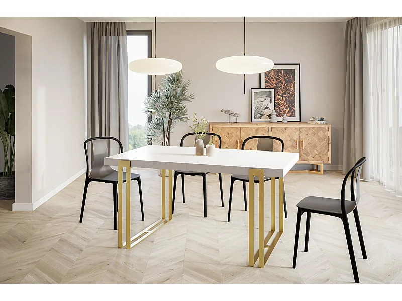 Table de salle à manger rectangulaire ROSA, table à rallonges, dimensions: 140-240X80X77 cm,couleur: blanc, avec pieds métalliques couleur or