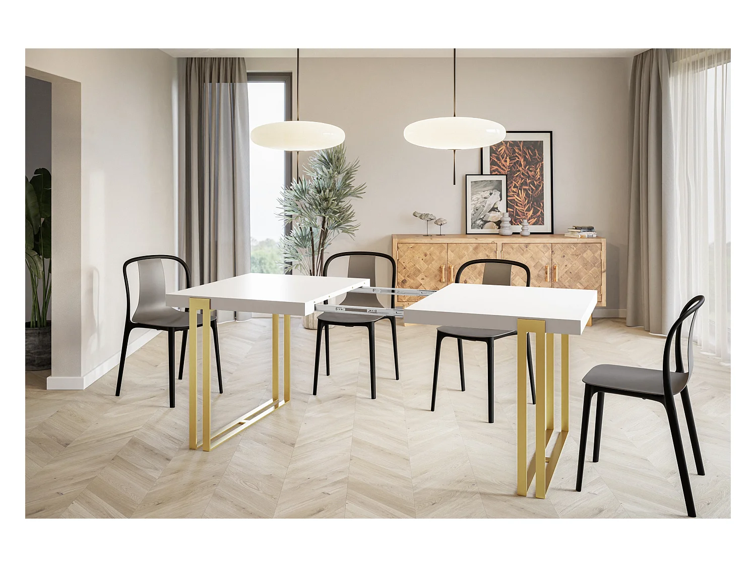 Table de salle à manger rectangulaire ROSA, table à rallonges, dimensions: 140-240X80X77 cm,couleur: blanc, avec pieds métalliques couleur or