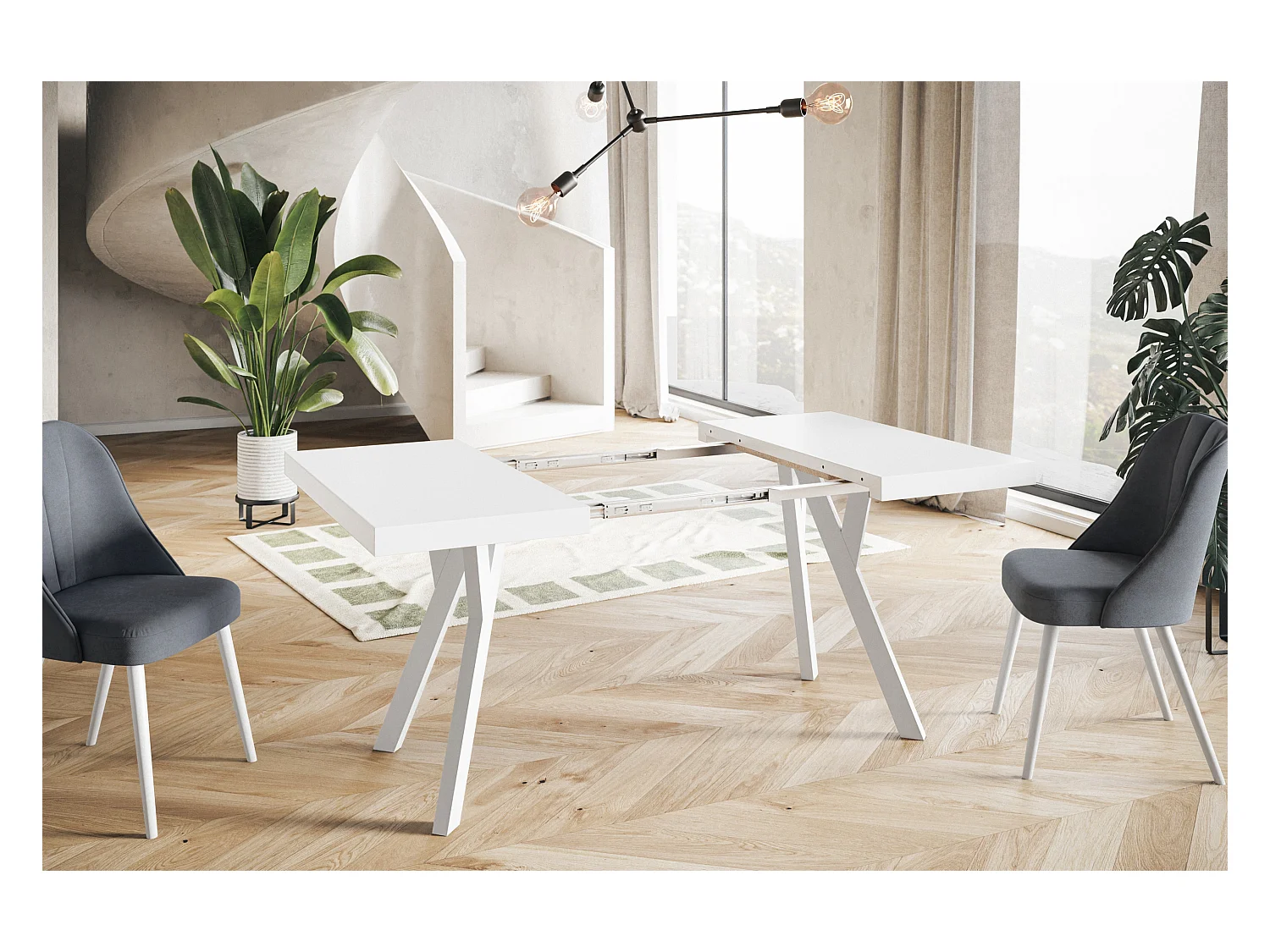 Table de salle à manger carrée RICO, table à rallonges, dimensions: 110-210X110X77 cm, couleur: blanc, avec pieds en bois de couleur blanc